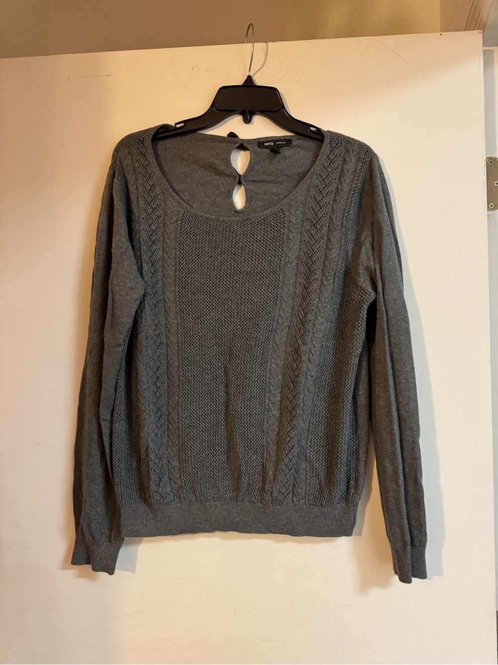 Classic Gray Knit Crewneck Sweater with Keyhole Accent